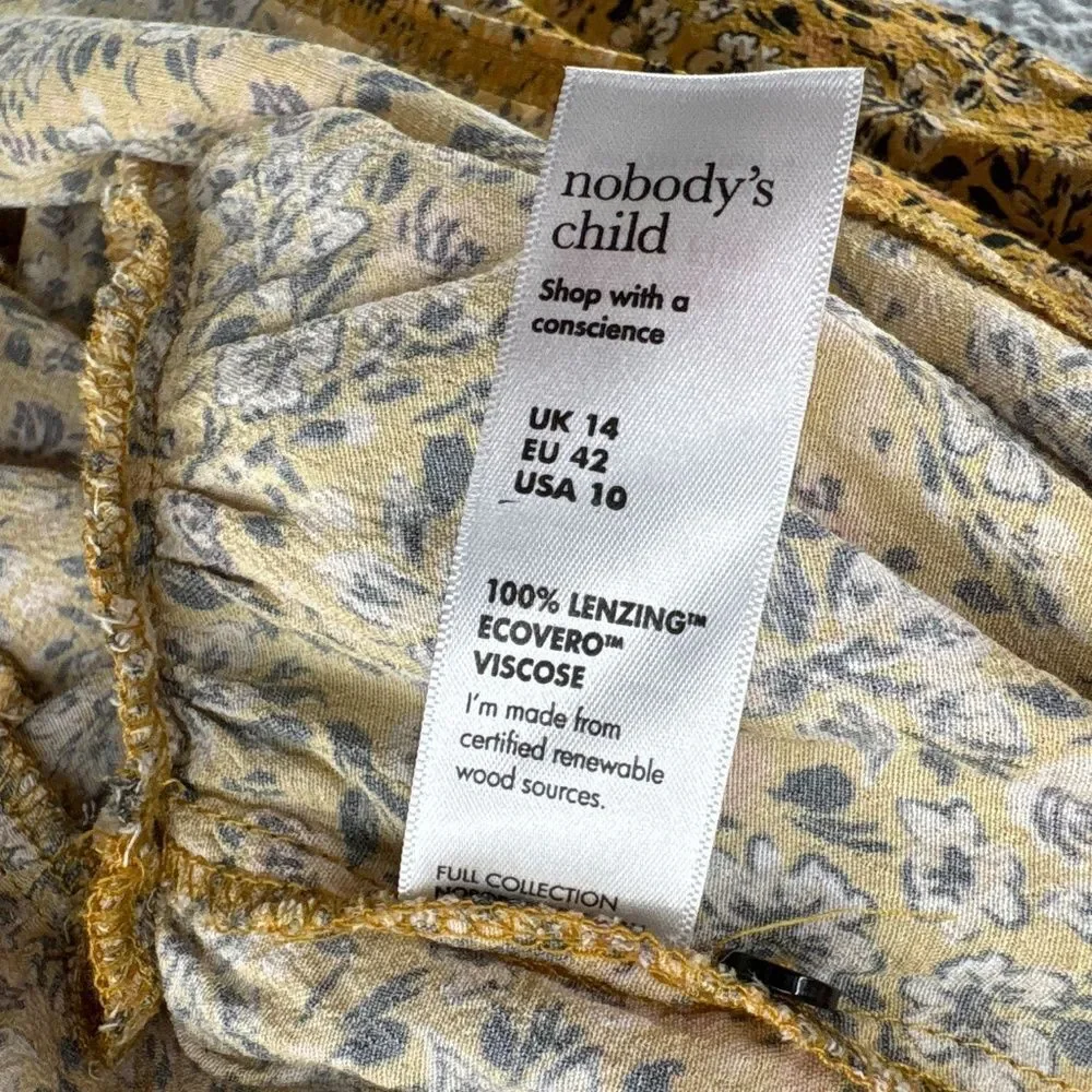 Nobody’s Child Mustard Floral Ruffle Mock Neck Peplum Blouse Long Sleeve Size 10